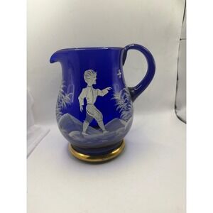 Mary Gregory Style Cobalt Blue Glass Pitcher Hand Painted Enamel Boy Gold Base